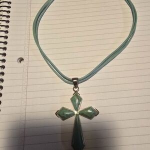 Vintage Light Blue Cord Necklace With A Turquoise Gemsyone Cross, 16in.long, $75